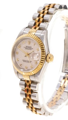 Lot 581 - Ladies Rolex Oyster Perpetual DateJust gold and stainless steel wristwatch, boxed with papers