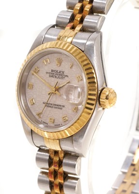Lot 581 - Ladies Rolex Oyster Perpetual DateJust gold and stainless steel wristwatch, boxed with papers