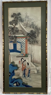 Lot 198 - Pair Chinese watercolours in glazed frames Figures by a Palace and Tea beneath Trees, approx 89cm x 36cm (2)