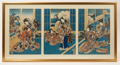 Lot 845 - Utagawa Kuniteru - 19th century Japanese triptych woodblock print