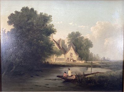 Lot 200 - 19th century oil on canvas - Village pond with figures in boat, 44cm x 59cm, in gilt frame