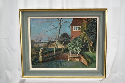 Lot 1151 - *John Aldridge (1905-1983) oil on canvas - 'Chapel Place, 1954', signed, titled verso, 35.5cm x 46cm, in painted frame.