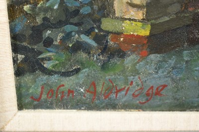 Lot 1151 - *John Aldridge (1905-1983) oil on canvas - 'Chapel Place, 1954', signed, titled verso, 35.5cm x 46cm, in painted frame.