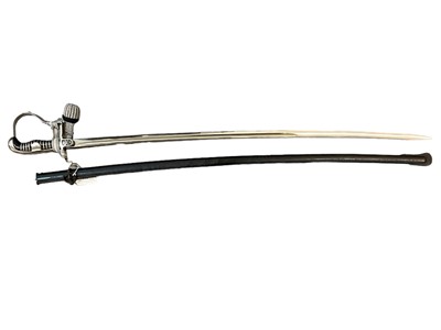 Lot 932 - 1930s Nazi SS Officers sword with plated stirrup hilt and black Bakelite grip, etched SS runes and skull and crossbones I badges to langets, silver bullion sword knot, plated blade by Puma and e...