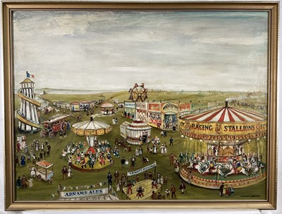 Lot 164 - Oil painting of a fairground, including merry-go-round, boxing, marionettes, helter-skelter, etc, signed Aubrey Driver