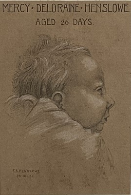 Lot 161 - Pencil and chalk portrait of a baby, titled 'Mercy Deloraine Henslowe Aged 26 Days', signed and dated 1931, 17cm x 11.5m, framed