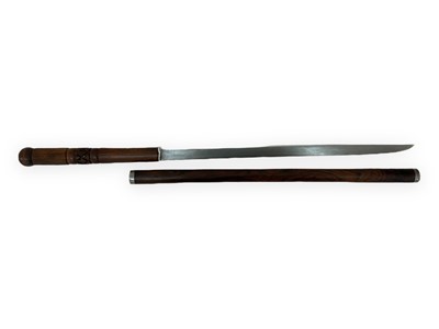 Lot 941 - Antique (possibly African) dagger stick with carved decoration, the steel blade 38.5cm, 62cm overall length