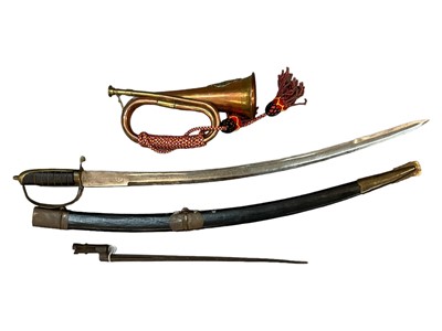 Lot 944 - Socket bayonet, Indian sword and a copper Argyll & Sutherland Highlanders regimental bugle (3)
