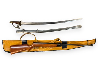 Lot 945 - Haenel model 303.56 MM break action air rifle, numbered 548232, together with an Indian sword (2)