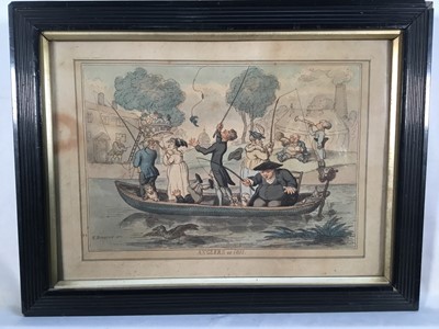 Lot 261 - Five Georgian coloured engravings depicting humorous fishing scenes and coloured engraving Master of Blankney hounds