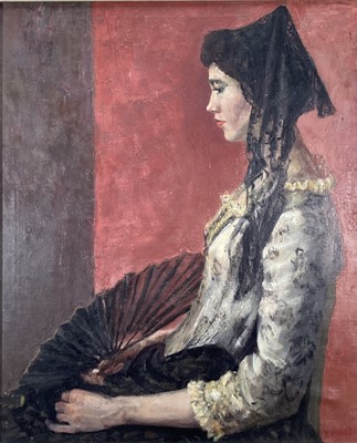 Lot 105 - 20th Century oil on canvas - 'The Mantilla', signed indistinctly, inscribed verso 'D Morris', 61cm x 51cm, framed