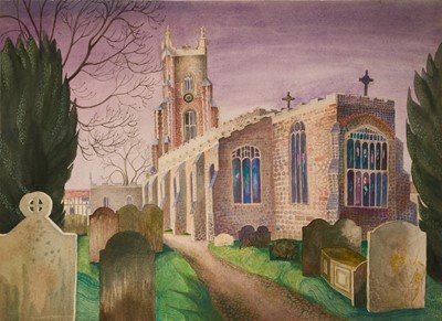 Lot 930 - *Joan Warburton (1920-1996) watercolour - Stoke by Nayland Church, initialled and dated '71, unframed, 53.5cm x 74cm