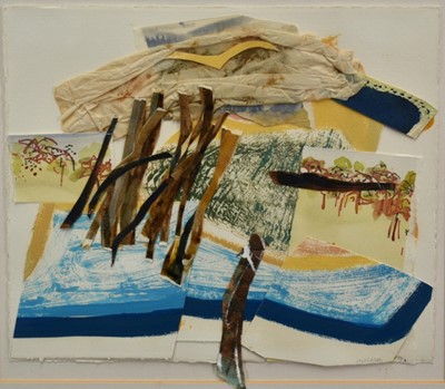 Lot 136 - *Sally McLaren (b.1936) collage and mixed media - media - 'Waterlogs', signed, 29cm x 35cm, in glazed frame
