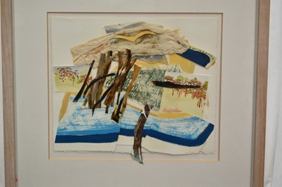 Lot 910 - *Sally McLaren (b.1936) collage and mixed media - media - 'Waterlogs', signed, 29cm x 35cm, in glazed frame