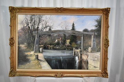 Lot 950 - *Clive Madgwick (1939-2005) acrylic on canvas - Flatford Lock, signed, 61cm x 91cm, in gilt frame