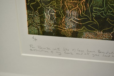 Lot 924 - Benedict Rubbra (b.1938) signed artist’s proof linocut, Untitled, with presentation inscription dated 1998, 28cm x 23cm, in glazed frame