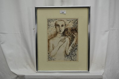 Lot 919 - Jenny Jones (Contemporary) pen and ink - Boy with Bird, titled verso, 28cm x 20cm, in glazed frame