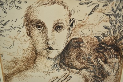 Lot 919 - Jenny Jones (Contemporary) pen and ink - Boy with Bird, titled verso, 28cm x 20cm, in glazed frame