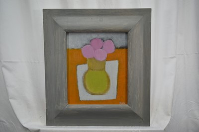 Lot 913 - Rachel Windham (1916-2005) oil on board - Pink Flowers in a Yellow Vase, signed, 30cm x 25cm, framed
