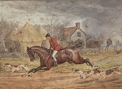 Lot 1216 - Four sporting watercolours - pair of Hunting scenes, 21cm x 28cm and four portraits of race horses, framed as a pair, 10.5cm x 11cm, in glazed frames (4)