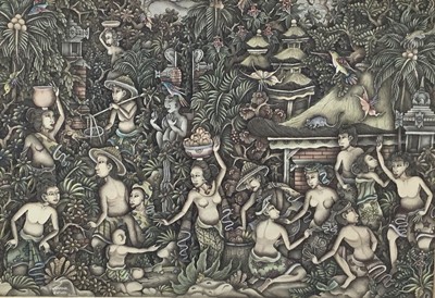 Lot 130 - Balinese School (Budiana) Figures in Jungle and another similar, mixed media on paper