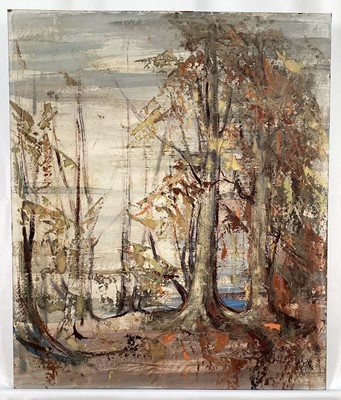 Lot 131 - 20th Century study of trees, oil on board, indistinctly signed, 42cm x 35cm, unframed
