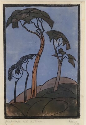 Lot 145 - Rees, landscape with fir trees, colour woodcut, signed and dated '33
