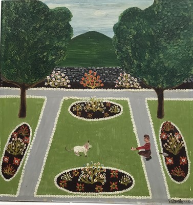 Lot 150 - Geoff Bradley (b.1946), Come and Play Sheba, oil on board - painted in prison and displayed in exhibition of primitive northern art at the South London Art Gallery, 30cm x 31cm