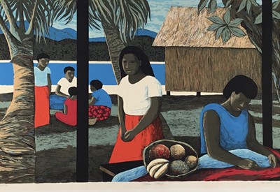 Lot 156 - Ray Crooke (Australian, 1922-2015), Fijian village, screenprint, signed and dated in pencil, 64/175, 73.65cm x 47.5cm