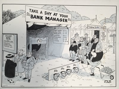 Lot 137 - Jak, original cartoon ink and wash, 'Take a Shy at your Bank Manager'