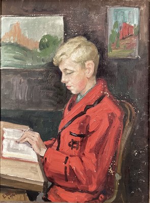 Lot 153 - English School 20th Century oil on canvas - Boy in red school blazer, signed and dated 1946, framed, 40cm x 30cm