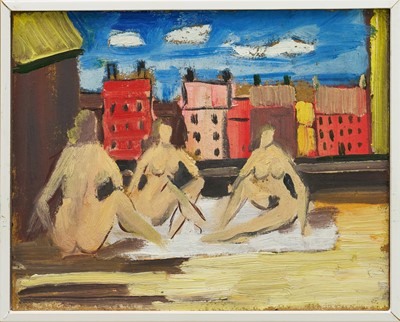 Lot 1183 - *Robert Sadler (1909-2001) acrylic on board - Three Nudes on Aldeburgh Beach, artist’s stamp verso, 20cm x 25cm, framed