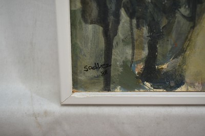 Lot 979 - *Robert Sadler (1909-2001) acrylic on board - Grey horse with Huntsman up, signed and dated '88, 28cm x 23cm, framed