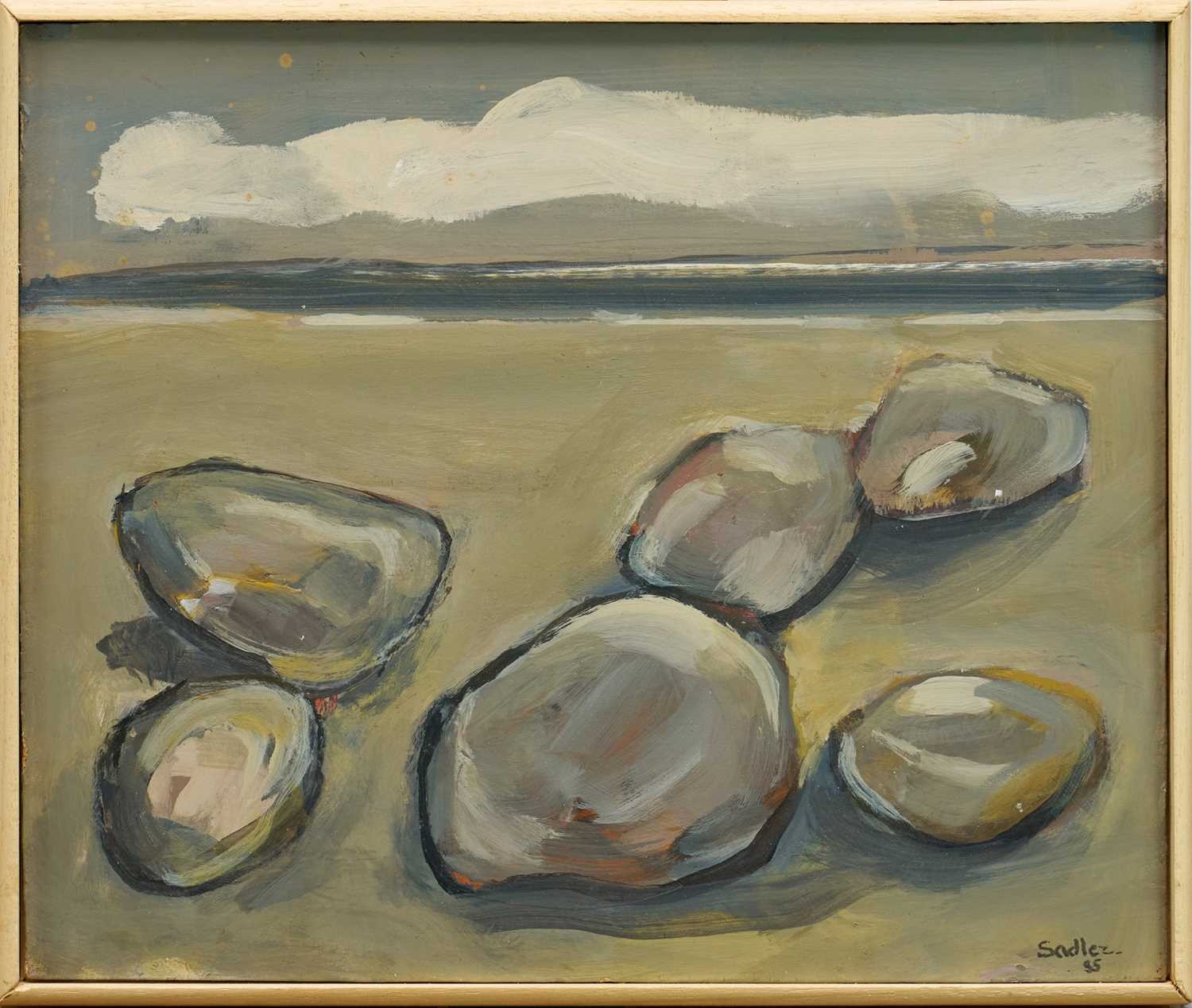 Lot 981 - *Robert Sadler (1909-2001) acrylic on board - Stones on the Shore, signed and dated ‘85, 26cm x 31cm, framed
