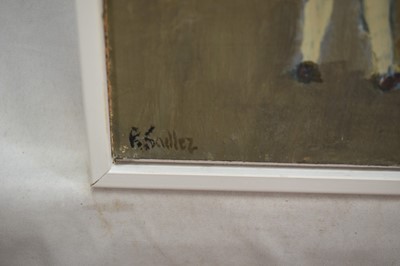 Lot 982 - *Robert Sadler (1909-2001) acrylic on board - Girl and Child I, signed, 1973 Studio exhibition label, 25cm x 20cm, framed