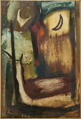 Lot 1173 - *Robert Sadler (1909-2001) acrylic on board - Abstract, Sun and Moon, signed, 77cm x 52cm, framed