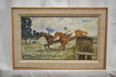 Lot 986 - *Robert Sadler (1909-2001) acrylic on board - Two Horses Jumping, signed and dated '91, 18cm x 31cm, framed