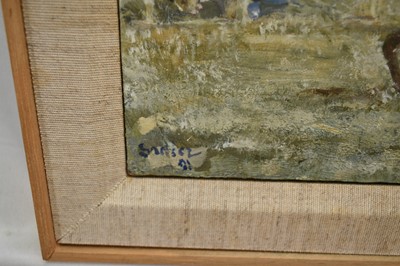 Lot 986 - *Robert Sadler (1909-2001) acrylic on board - Two Horses Jumping, signed and dated '91, 18cm x 31cm, framed