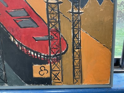Lot 987 - *Robert Sadler (1909-2001) oil on board - Shipbuilding, signed, 1950s, 51cm x 61cm, framed