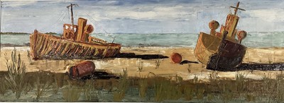 Lot 182 - Laurie Glover (20th Century) oil on canvas - Dungeness Beach, signed and dated 1969, 45cm x 122cm, framed
