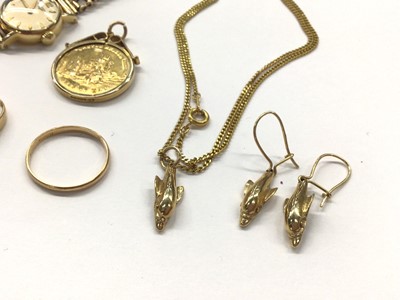 Lot 1001 - Longines 9ct gold ladies wristwatch on 9ct gold bracelet, 9ct gold Isle of Man pendant on chain, 9ct gold dolphin pendant and matching earrings and two 18ct gold rings