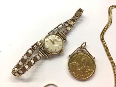 Lot 1001 - Longines 9ct gold ladies wristwatch on 9ct gold bracelet, 9ct gold Isle of Man pendant on chain, 9ct gold dolphin pendant and matching earrings and two 18ct gold rings