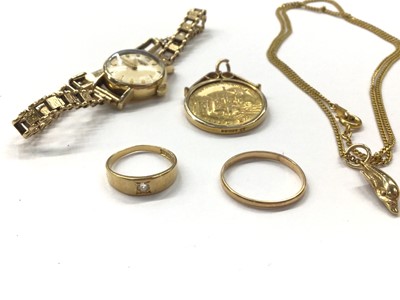 Lot 1001 - Longines 9ct gold ladies wristwatch on 9ct gold bracelet, 9ct gold Isle of Man pendant on chain, 9ct gold dolphin pendant and matching earrings and two 18ct gold rings