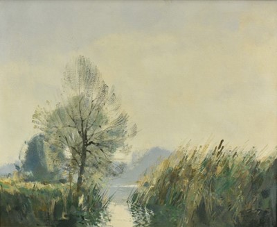 Lot 134 - *Stanley Orchart (1920-2005) oil on board - 'Wicken Fen, Cambs, 1973', artists labels verso, 49cm x 60cm, framed