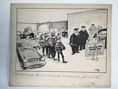 Lot 136 - Jak original cartoon, ink and wash 'Scotland Yard Motor Pool' (Police Daimlers)