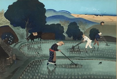 Lot 143 - Oriental gouache painting of a rice harvest, signed, framed, 35cm x 24cm