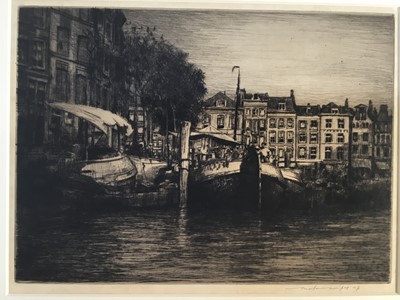 Lot 158 - Mortimer Menpes, etching of Amsterdam together with mezzotint landscape with cattle