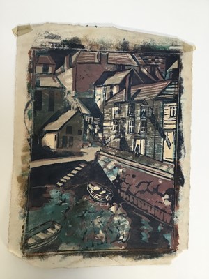 Lot 135 - Colour woodcut of a Cornish harbour, unknown artist, the sheet 25cm x 19cm