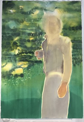 Lot 155 - Unsigned watercolour portrait of an abstracted figure against a green background, 20th century, 111cm x 76.5cm