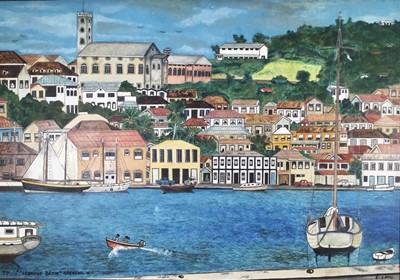 Lot 132 - Elinus Cato (West Indian, 1933-2003), oil on panel, Carenage Basin, Grenada, WI (1977), 60 x 86 cm